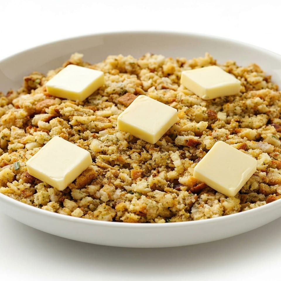 A white bowl filled with golden-brown stuffing, topped with five pats of butter.