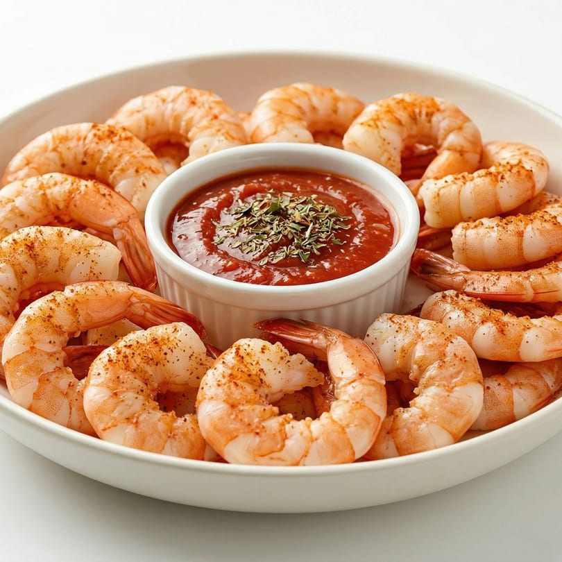 A white bowl filled with cooked shrimp seasoned with spices, surrounding a small dish of red cocktail sauce.