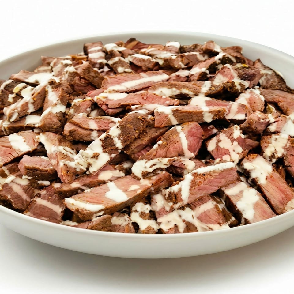 Close-up of a white bowl filled with sliced steak drizzled with a creamy white sauce.