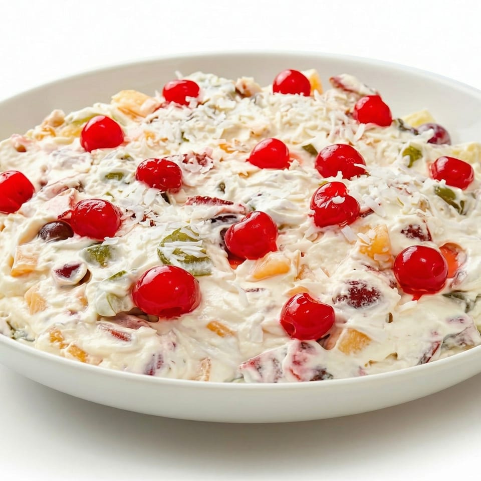 Ambrosia salad in a white bowl, topped with bright red maraschino cherries and shredded coconut.