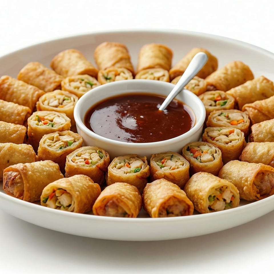 A white platter filled with crispy golden spring rolls and a central bowl of dark dipping sauce.