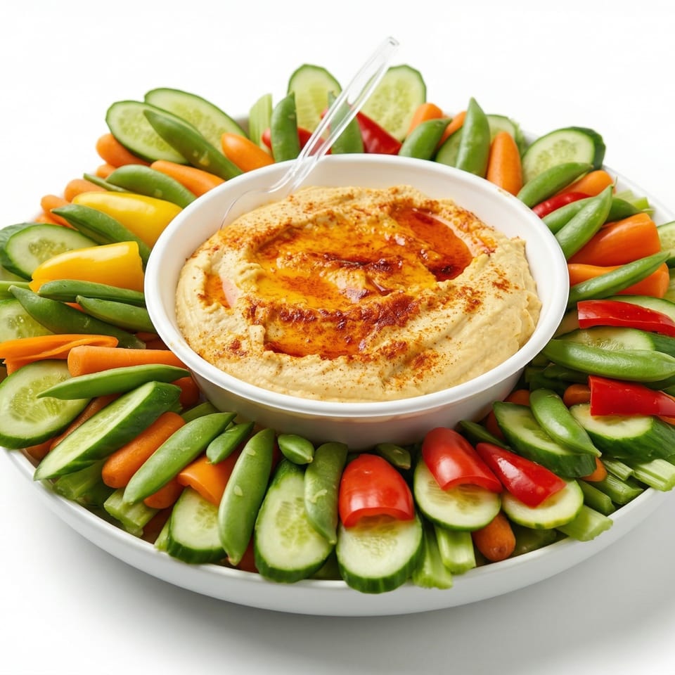 A white platter with a bowl of hummus surrounded by fresh vegetables like cucumbers, carrots, and peppers.