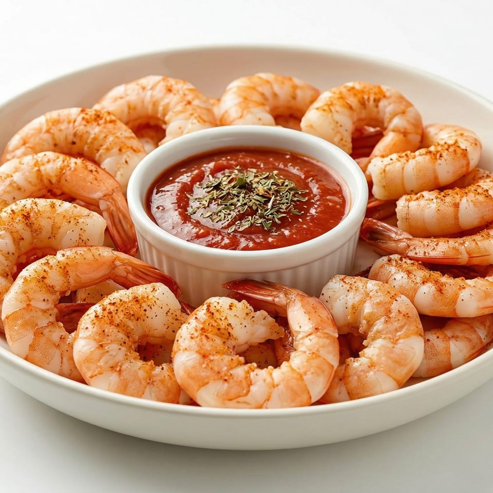 A white bowl filled with cooked shrimp seasoned with spices, surrounding a ramekin of cocktail sauce.