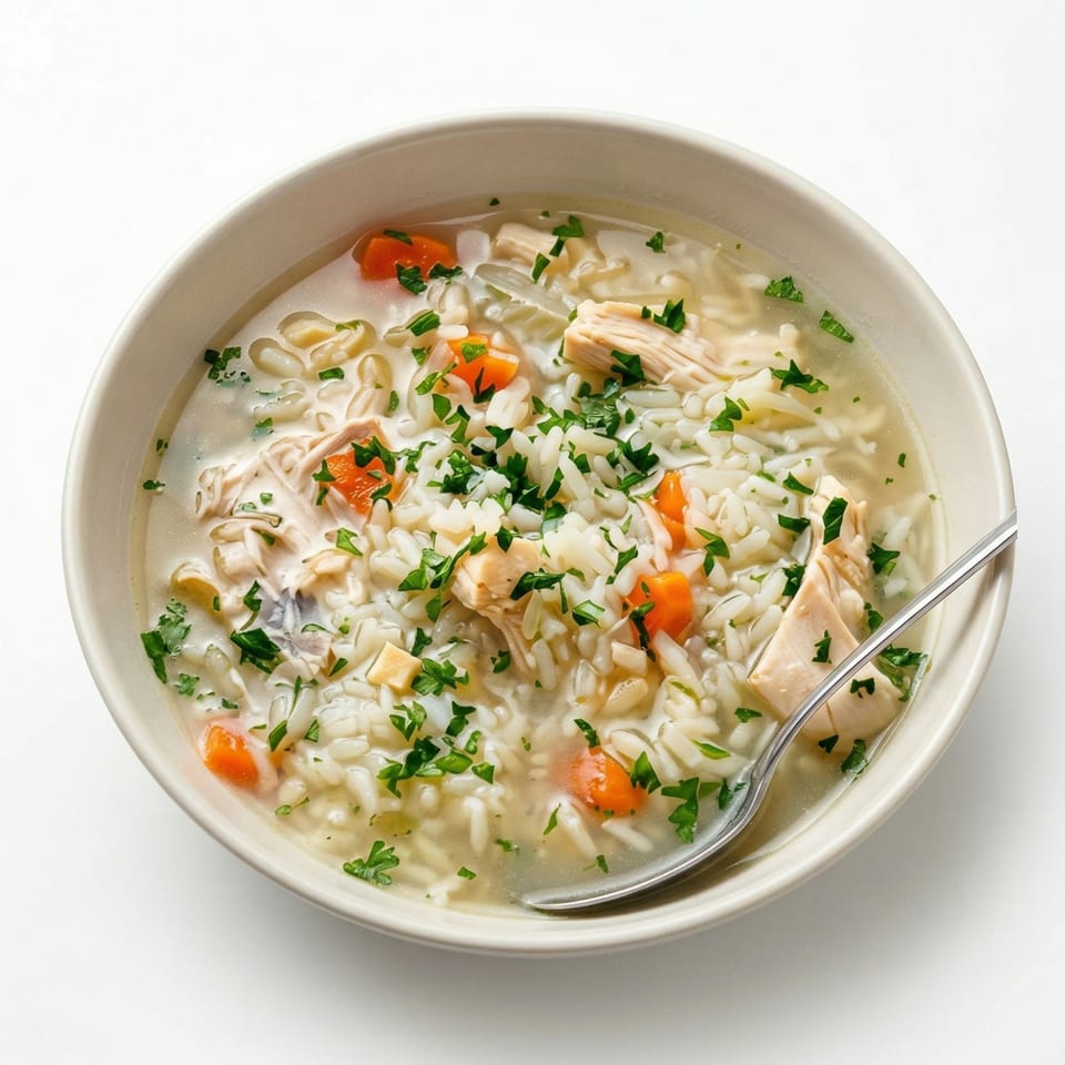 Chicken and rice soup with carrots and parsley in a white bowl with a spoon.