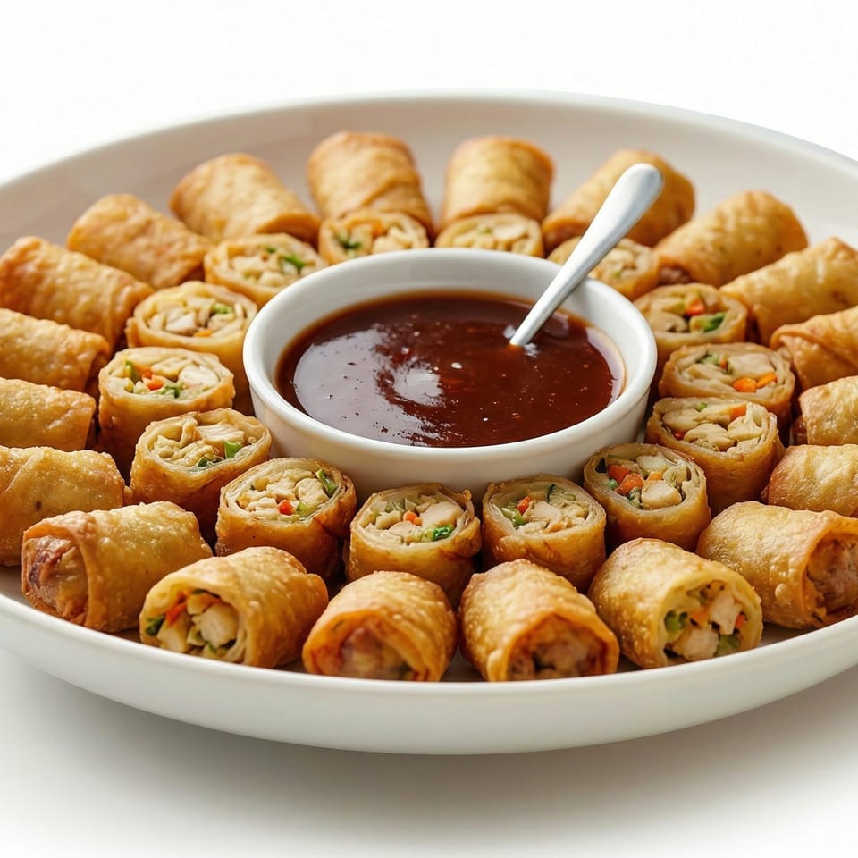 A white platter filled with crispy golden spring rolls and a central bowl of dark dipping sauce.