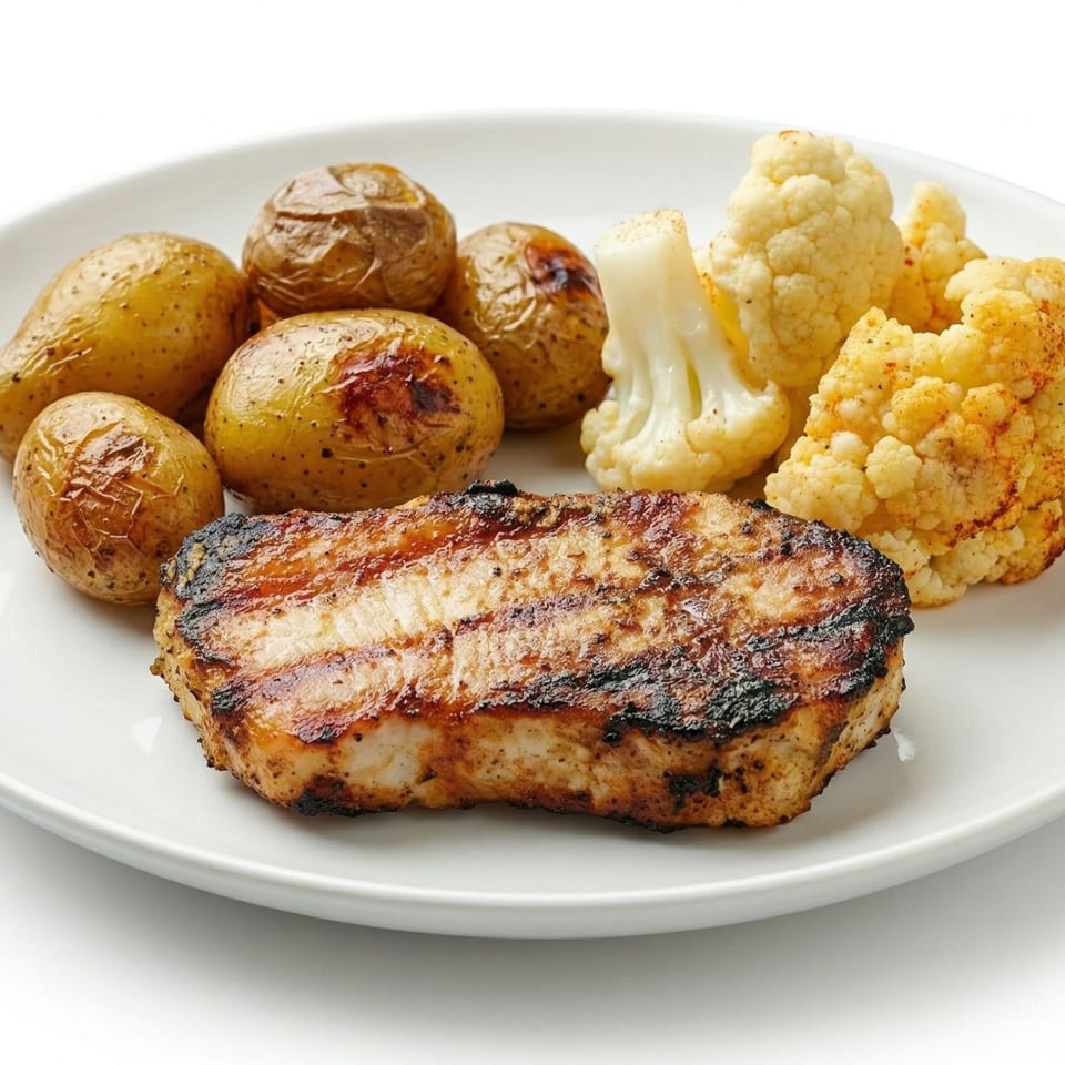 Grilled pork chop with roasted baby potatoes and cauliflower florets on a white plate.