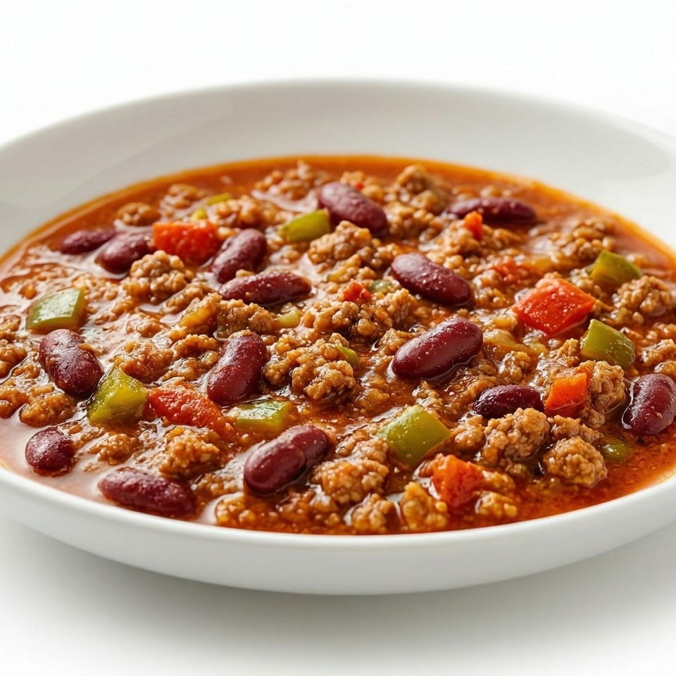 Close-up of a bowl of chili with ground beef, kidney beans, and diced peppers.